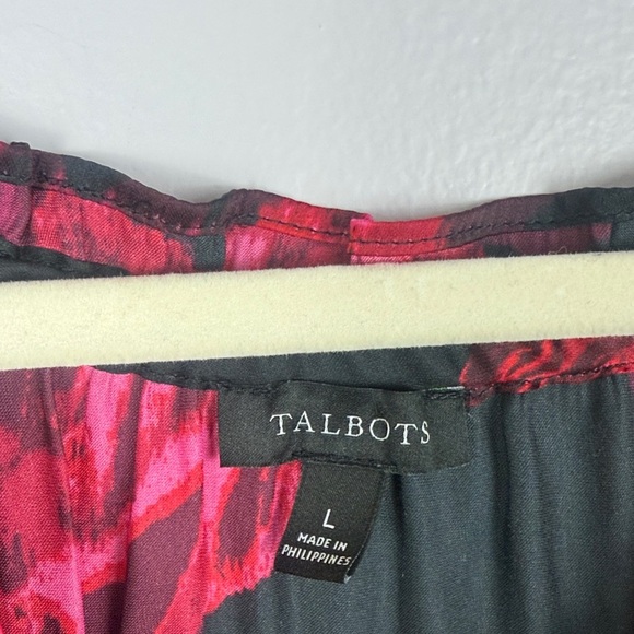 Talbots Black & Pink Dark Floral Rose Ruffle Neck Wrist Romantic Large Blouse - Picture 3 of 9